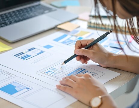 Woman meticulously designs a user interface, sketching on paper wireframes at her desk.