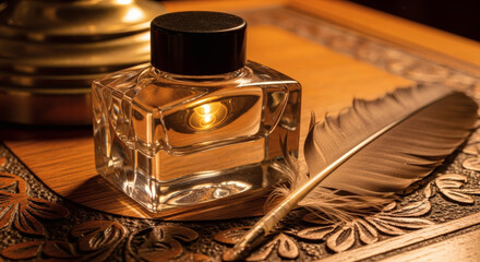 Close-up of a glass inkwell with a quill pen on an ornate desk with warm lighting