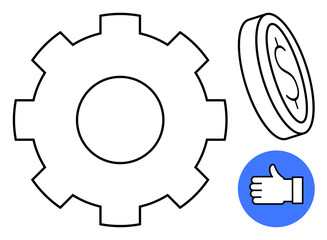 Gear highlighting workflow, coin denoting financial growth, thumbs-up for approval. Ideal for business, productivity, finance, approval, teamwork, efficiency simple landing page
