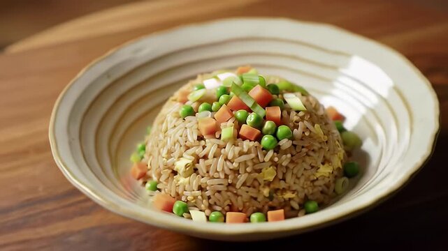 Appetizing fried rice, garnished with vibrant green peas, diced carrots, and fresh scallions, presented in a rustic bowl.