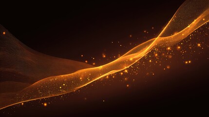Abstract flowing orange and gold wave design with glittering particles
