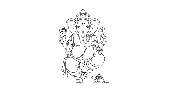 A black and white line art illustration of the Hindu deity Lord Ganesha, seated with his sacred mouse vehicle.