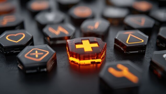 Close-up of glowing medical icons
