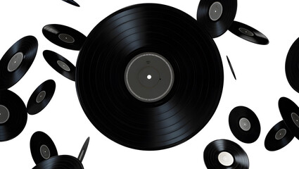 Vinyl records floating in the air, creating a dynamic and nostalgic musical atmosphere