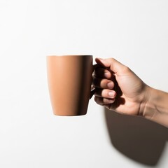 Hand holds an empty brown mug on white background. Coffee break, beverage, drinking, lifestyle, mockup