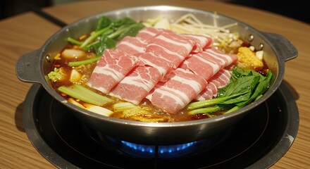 Chinese hot pot with fresh vegetables and sliced meat