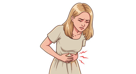 Woman holding her stomach. Young woman experiencing stomach pain while holding her abdomen  