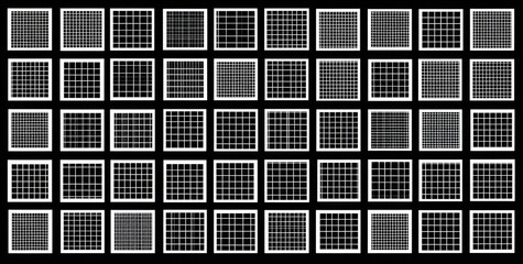 Grid patterns in white frames.  Many variations of  square grids in grayscale on a black background
