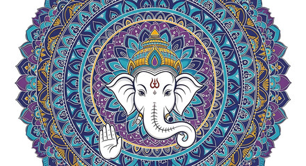 An ornate illustration of the Hindu deity Lord Ganesha with a blessing hand gesture set against a detailed blue and purple mandala.