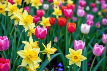 Obraz premium Vibrant spring blooms of daffodils and tulips in a lush garden setting, showcasing a variety of colors and textures, detail, blossoms, nature