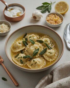 Spinat Ricotta Ravioli gl&auml;nzen in Zitronen Butter mit Salbei, helle Draufsicht mit Knoblauch Panko Crunch
