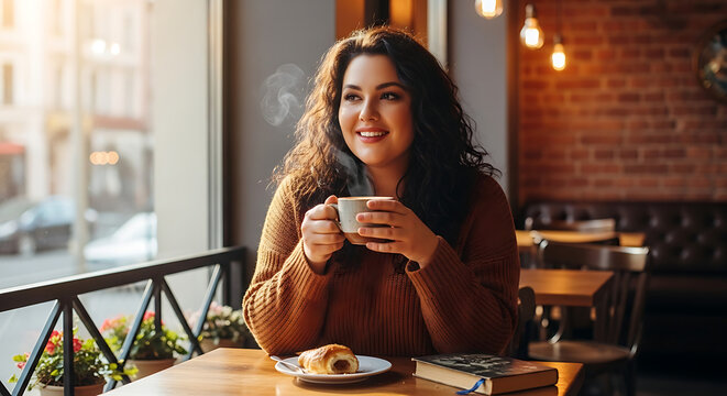 Smiling plus-size woman with curly hair enjoying coffee and a pastry in a sunlit cafe.