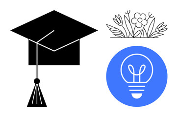 Graduation cap symbolizing education, light bulb representing innovation, and floral cluster for nature. Ideal for learning, creativity, achievements, eco-friendly themes, STEM, innovation simple