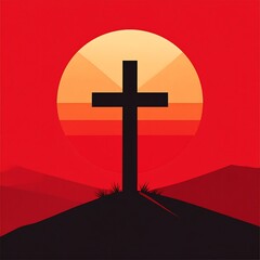 Silhouette cross on hilltop sunset