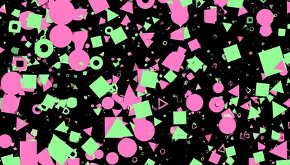 A vibrant display of various geometric shapes in vibrant pink and mint green against a dark backdrop.