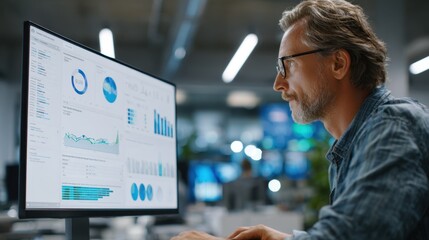 Medium shot of a business analyst examining detailed metadata attributes on a sleek monitor with a softly blurred background filled with charts.