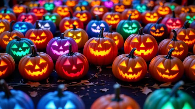 Glowing Halloween Pumpkin: A vibrant collection of glowing pumpkins with carved jack-o'-lantern faces, displaying diverse colors, lights and a mysterious ambiance. Perfect for holiday design.
