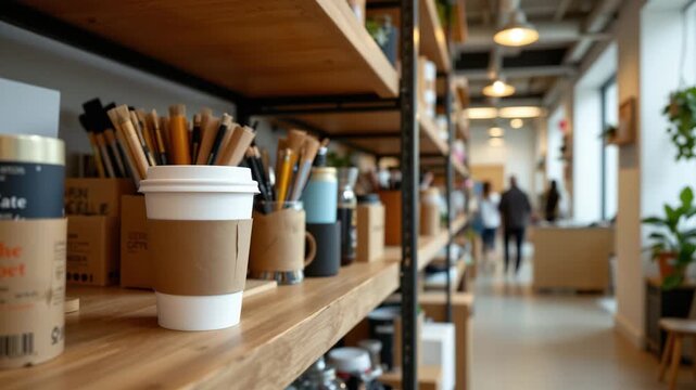 Coffee Shop Interior: A warm and inviting interior of a coffee shop, featuring wooden shelves, paper coffee cup, water bottles, and decorative items create an atmosphere of comfort and relaxation.