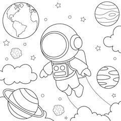 Astronaut in space. Black and white vector illustration for coloring book.	