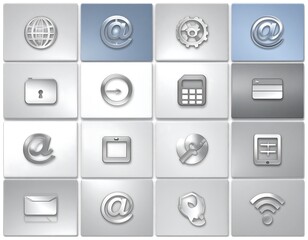 Metallic icons representing global communication, security, time management, and online banking.