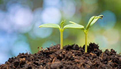 Two young seedlings in soil