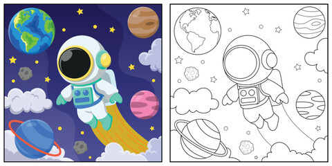 Cute astronaut in space planet around outline vector for children coloring page or book design. © styo