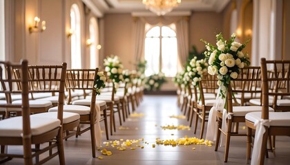 Elegant wedding ceremony aisle lined with wooden chairs adorned with cascading bouquets of cream-colored flowers and tied with sheer ribbons, creating a serene and inviting atmosphere.