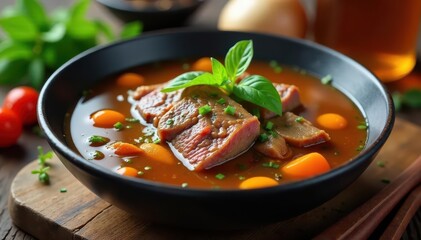 Fragrant beef broth simmering with aromatics and herbs , steam rising, spices