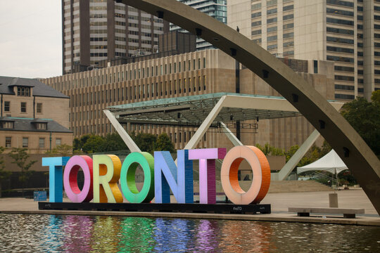 Toronto sign at Nathan Phillips square in downtown Toronto, Ontario, Canada