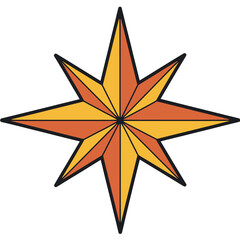Stylized eight pointed starburst with warm orange and yellow tones