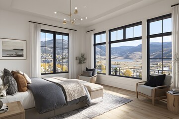 Fototapeta premium Serene Bedroom with Abundant Natural Light Flows In