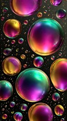 Multicolored iridescent bubbles on dark background