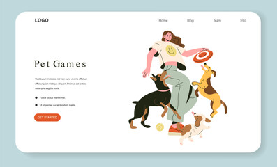 Woman Playing with Dogs and Frisbee Vector Illustration