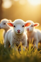 Obraz premium Adorable Lambs in Golden Sunlight A Springtime Meadow Scene
