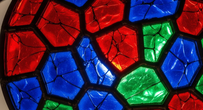 Close-up of colorful stained glass mosaic with red, blue, and green pieces