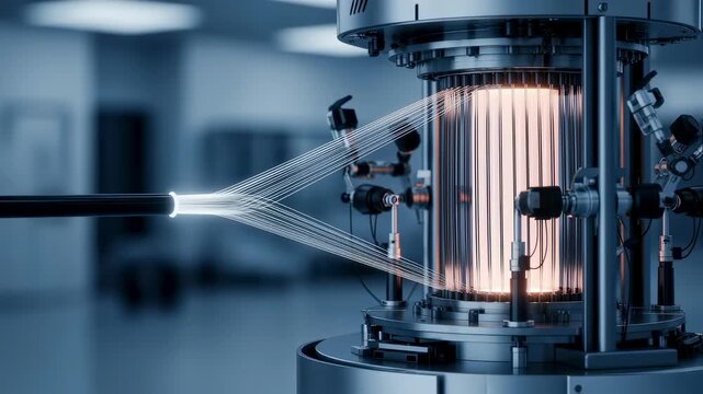 Detailed image of carbon nanotube strands being spun continuously from a hightech tower illustrating the complexity of nanomaterial fiber engineering.