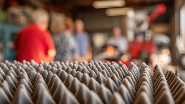 Focus on a professional adjusting soundabsorbing foam tiles while the rest of the workshop tools and attendees remain out of focus.