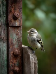 Small bird on a weathered fence post