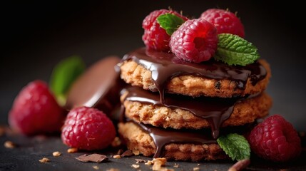 Stack of sweet treats with chocolate and raspberries