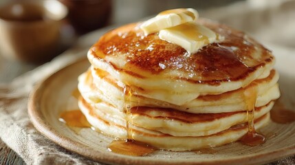 Stack of pancakes with butter and syrup