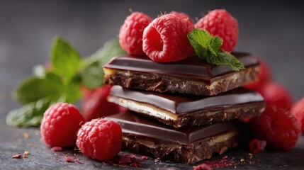Stack of sweet treats with chocolate and raspberries