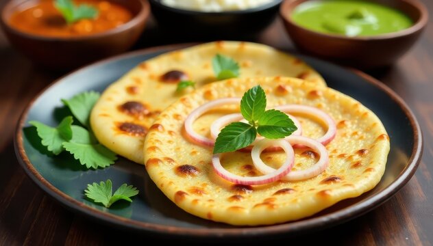 Sliced onion uttapam on a plate with green coconut chutney and sambhar sauce, flavorful accompaniment, lunch