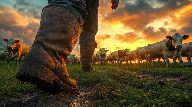Farmer Walking Through Pasture With Cows at Sunset
