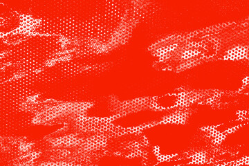 Red and white illustration and camouflage background and halftone. Abstract background and textured with white grid with holes..