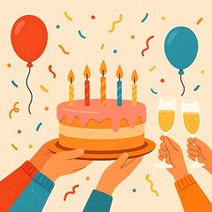 Birthday Party Celebration Vector Illustration – Hands Holding Cake with Candles, Balloons, and Champagne Glasses Holiday Concept