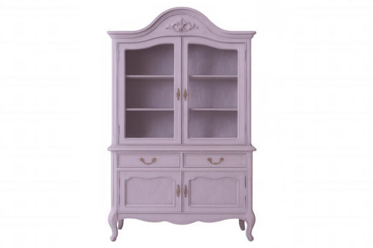 Classic pink cabinet with glass doors and drawers, perfect for displaying collectibles or storing items, isolated on a transparent background