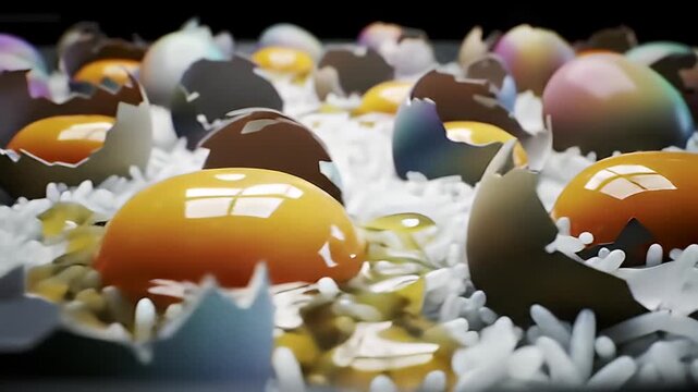 Close-up view of numerous cracked eggs with bright yellow yolks nestled amongst white rice grains, suggesting a culinary preparation or artistic representation of food.