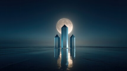 Three tall, crystalline pillars stand on a reflective, dark-water surface under a full moon