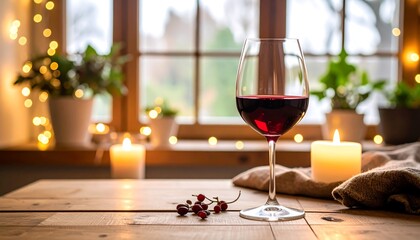 Red wine glass on a wooden table, by a window with warm lighting