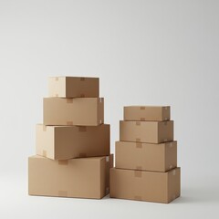 Caixas de papelão empilhadas umas sobre as outras em fundo branco